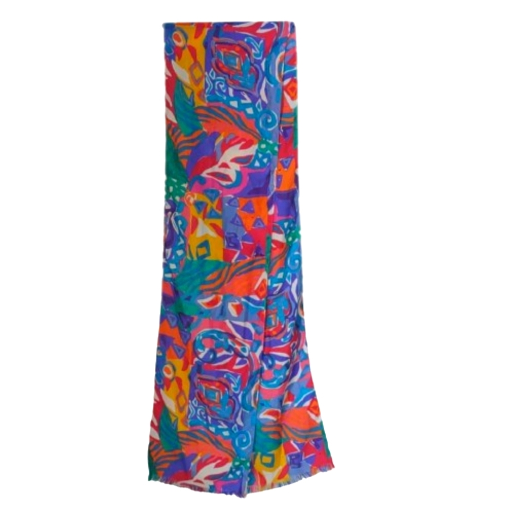 Vintage Express Silk Scarf Abstract Multicolor Long Fringed Oblong 80s 90s